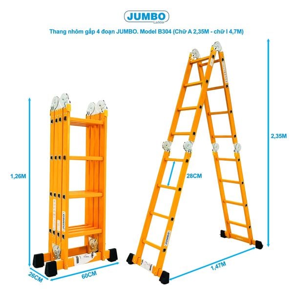 Thang nhôm gấp 4 đoạn JUMBO B304, chữ A cao 2.35m 