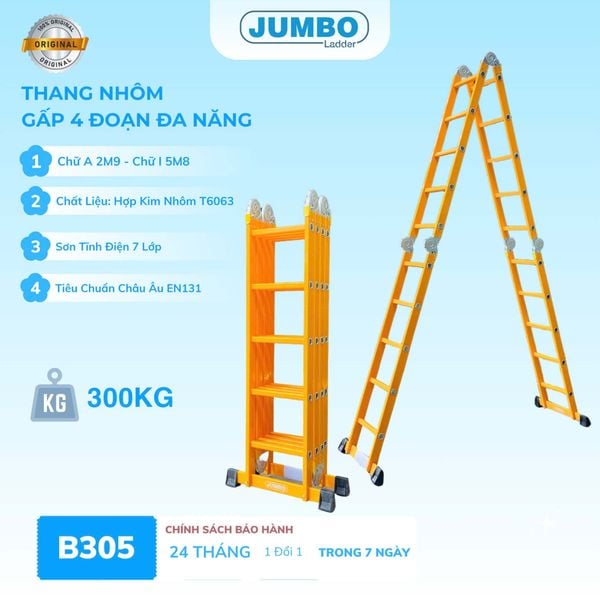  Thang nhôm gấp 4 đoạn JUMBO B305, chữ A cao 2.9m 