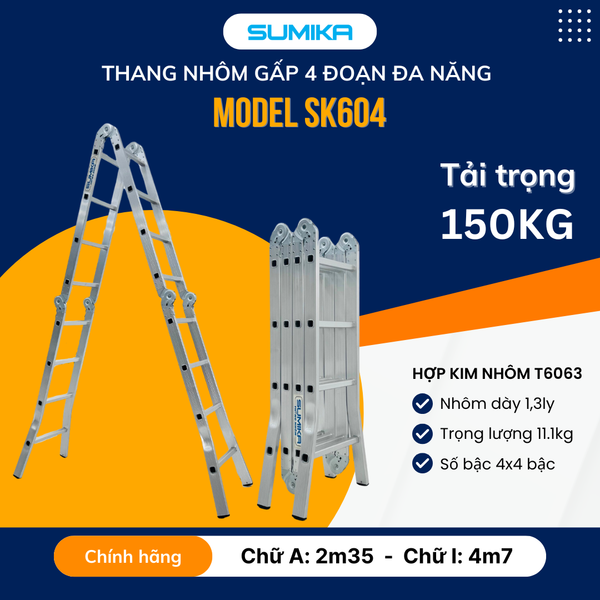  Thang nhôm gấp 4 đoạn SUMIKA SK604, chữ A cao 2.35m, chữ I cao 4.7m 