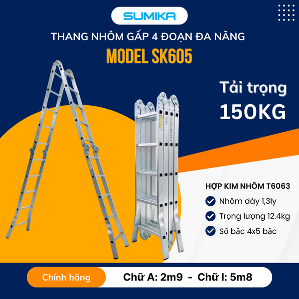  Thang nhôm gấp 4 đoạn SUMIKA SK605, chữ A cao 2.9m, chữ I cao 5.8m 