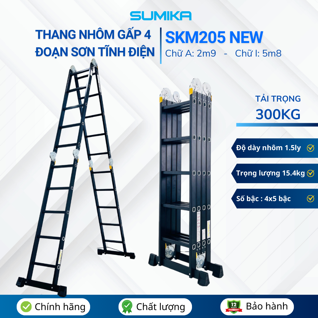  Thang nhôm gấp 4 đoạn SUMIKA SKM205 NEW, chữ A 2.9m, chữ I 5.8m 