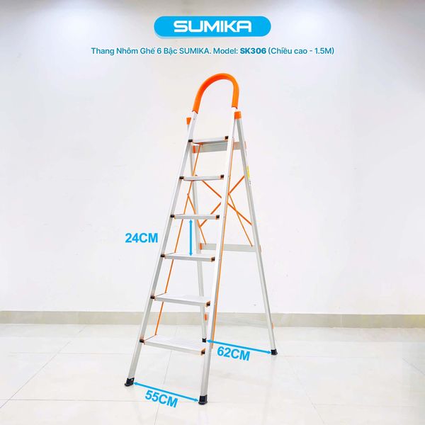  Thang nhôm ghế 6 bậc SUMIKA SK306, chiều cao 1.5m, tải trọng 150kg 