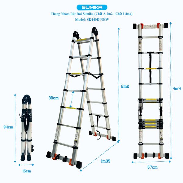  Thang nhôm rút đôi SUMIKA SK440D NEW, chiều cao 2.2M 