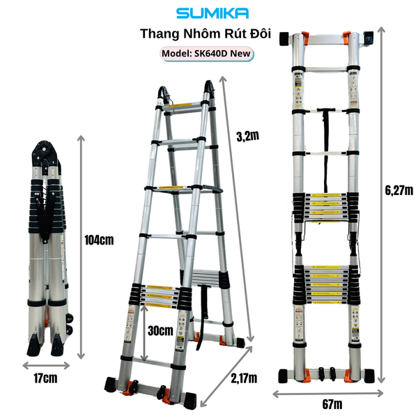  Thang nhôm rút đôi SUMIKA SK640D NEW, chiều cao 3.0M 
