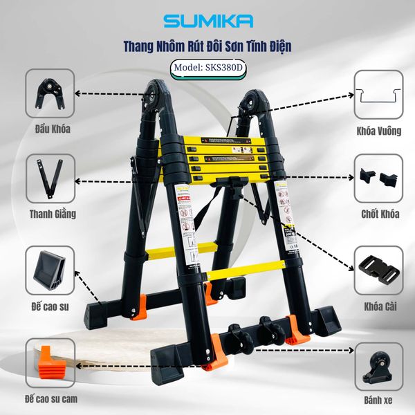  Thang nhôm rút đôi SUMIKA SKS380D, sơn tĩnh điện, chiều cao 1.9M 