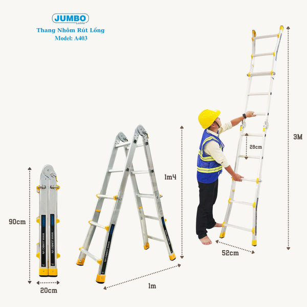  Thang nhôm rút lồng JUMBO A403, chữ A cao nhất 1.4m 
