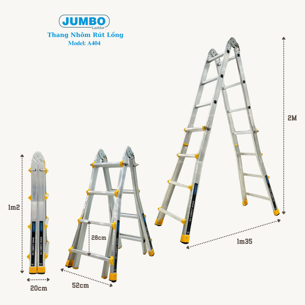  Thang nhôm rút lồng JUMBO A404, chữ A cao nhất 1.9m 