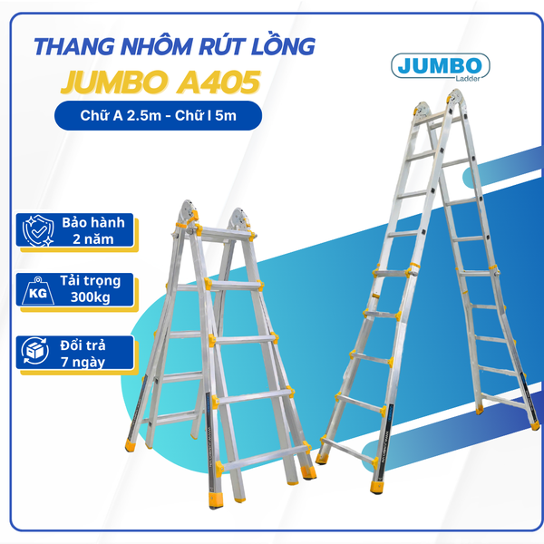  Thang nhôm rút lồng JUMBO A405, chữ A cao nhất 2.5m 