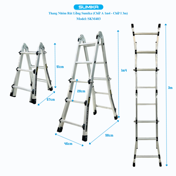  Thang nhôm chữ A rút lồng SUMIKA SKM403, chữ A cao nhất 1.4m 