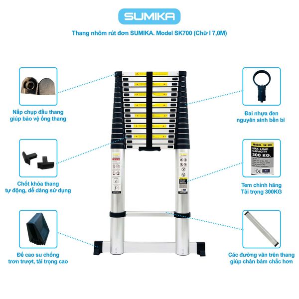  Thang nhôm rút đơn SUMIKA SK700, chiều cao 7m 