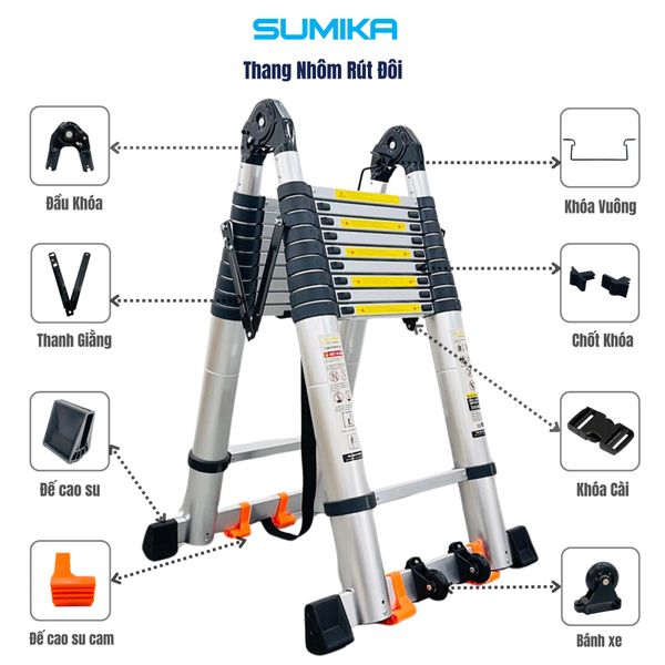  Thang nhôm rút đôi SUMIKA SK760D NEW, chiều cao 3.8M 
