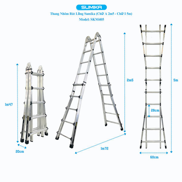  Thang nhôm chữ A rút lồng SUMIKA SKM405, chữ A cao nhất 2.5m 