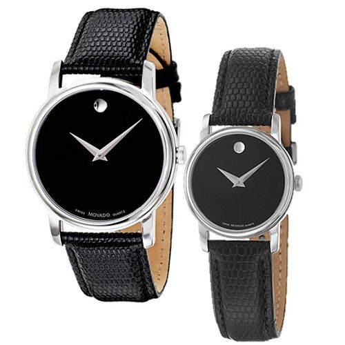  Đồng hồ cặp Movado Silver Tone Black Leather 