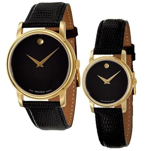  Đồng hồ cặp Movado Gold Tone Black Leather 