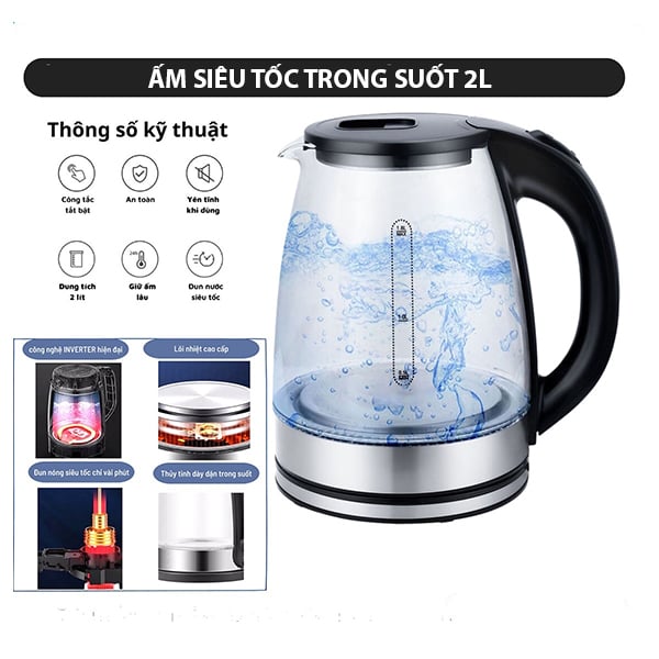 Ấm Đun Nước Siêu Tốc 2 Lít Thủy Tinh Trong Suốt