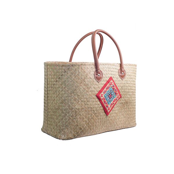  Giỏ cỏ bàng quai nâu trang trí thêu 