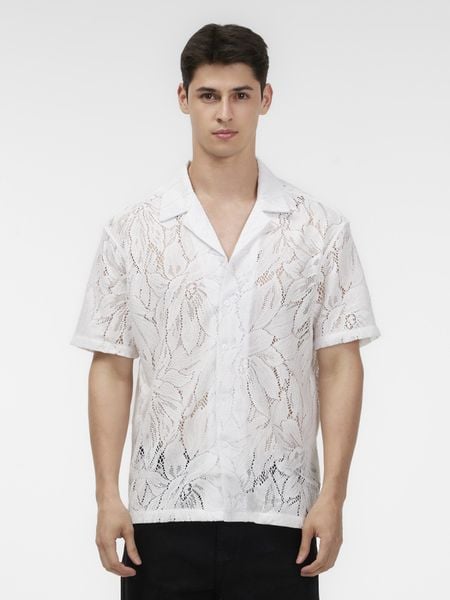 Áo Sơ Mi Cuban Nam Tay Ngắn Vải Dệt Lưới Crochet Lace Form Relax