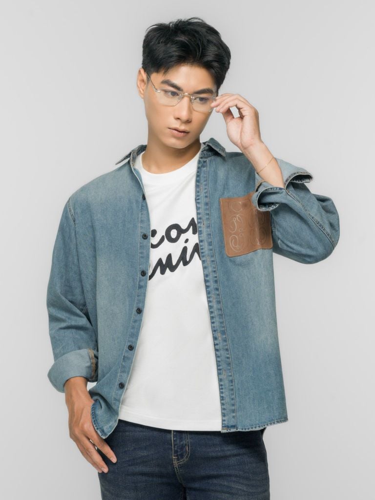 Áo Sơ Mi Denim Nam Túi Ngực Patterned Heat-Embossed Form Regular