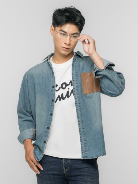 Áo Sơ Mi Denim Nam Túi Ngực Patterned Heat-Embossed Form Regular