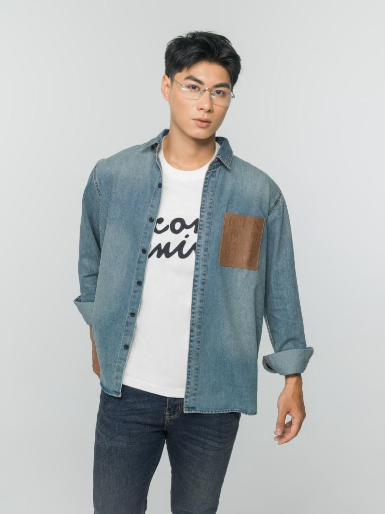 Áo Sơ Mi Denim Nam Túi Ngực Patterned Heat-Embossed Form Regular