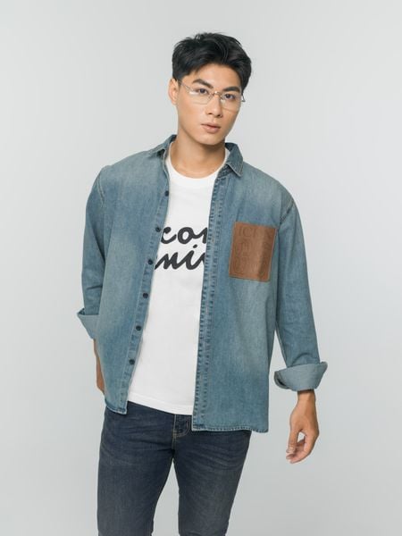 Áo Sơ Mi Denim Nam Túi Ngực Patterned Heat-Embossed Form Regular