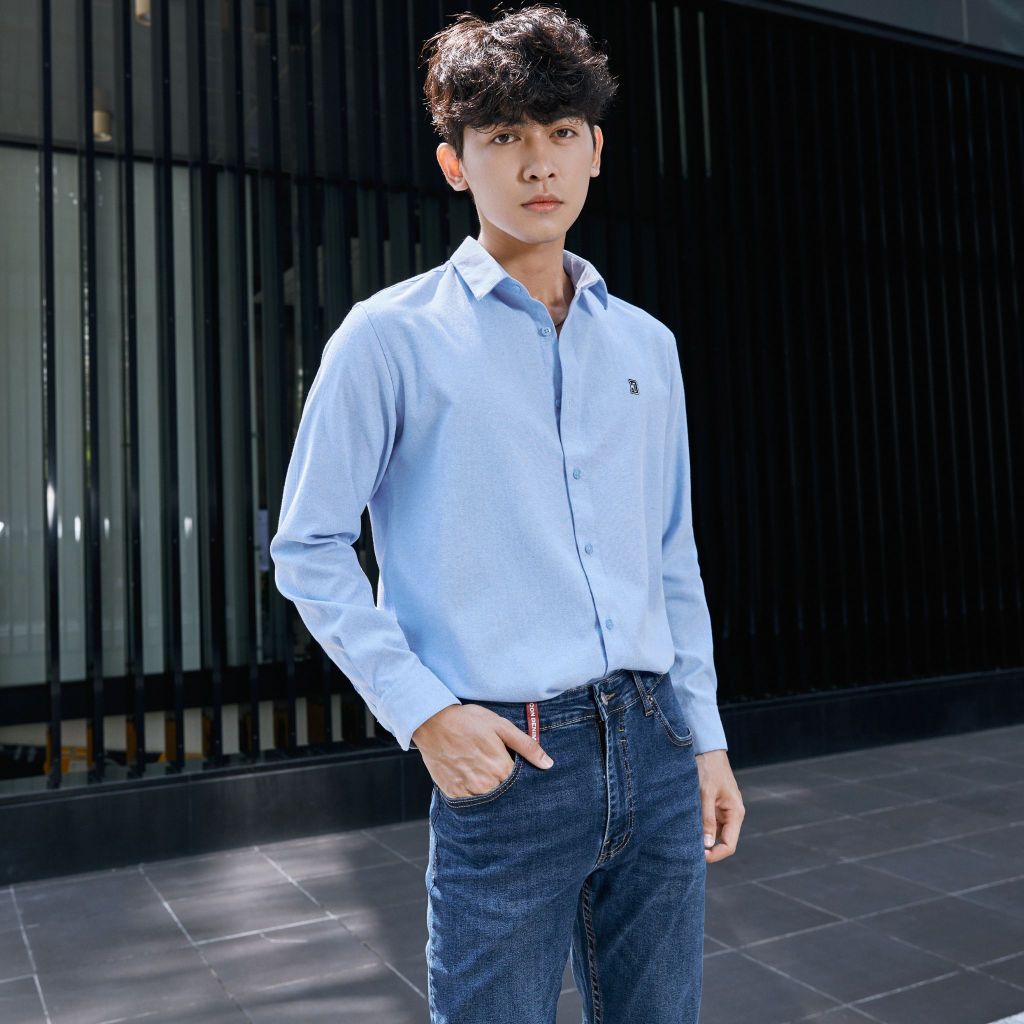 Áo Sơ Mi Oxford Nam Tay Dài Blank Color Embroider Form Slim