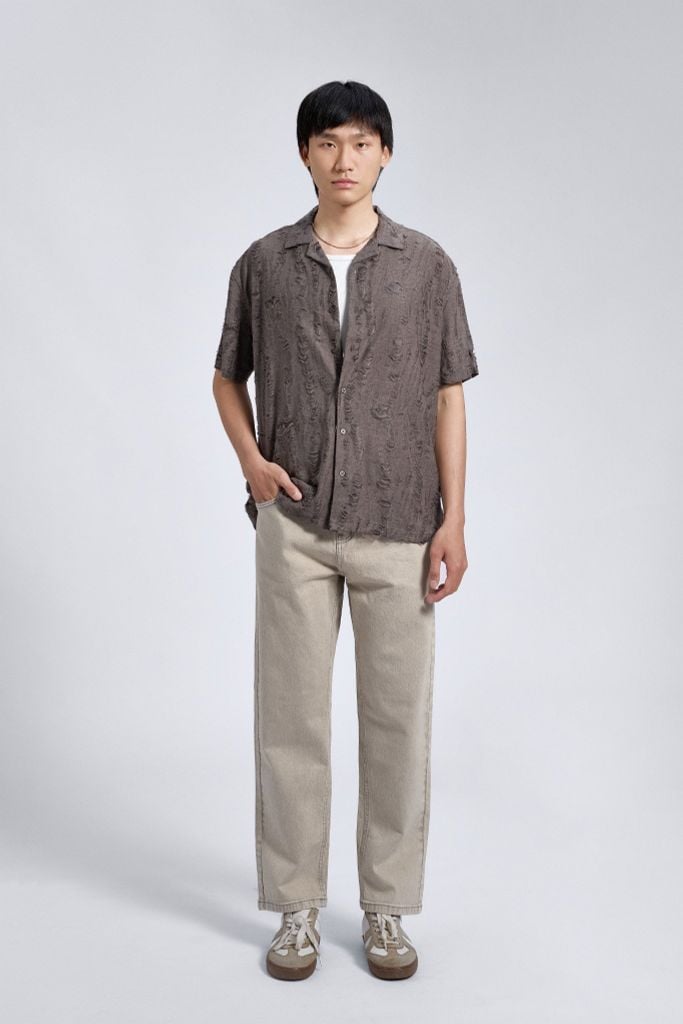 Quần Jean Nam Beige Wash Trơn Ống Suông Form Straight