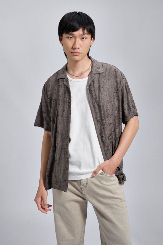 Áo Sơ Mi Cuban Torn Cotton Nam Floating Surface Form Relaxed