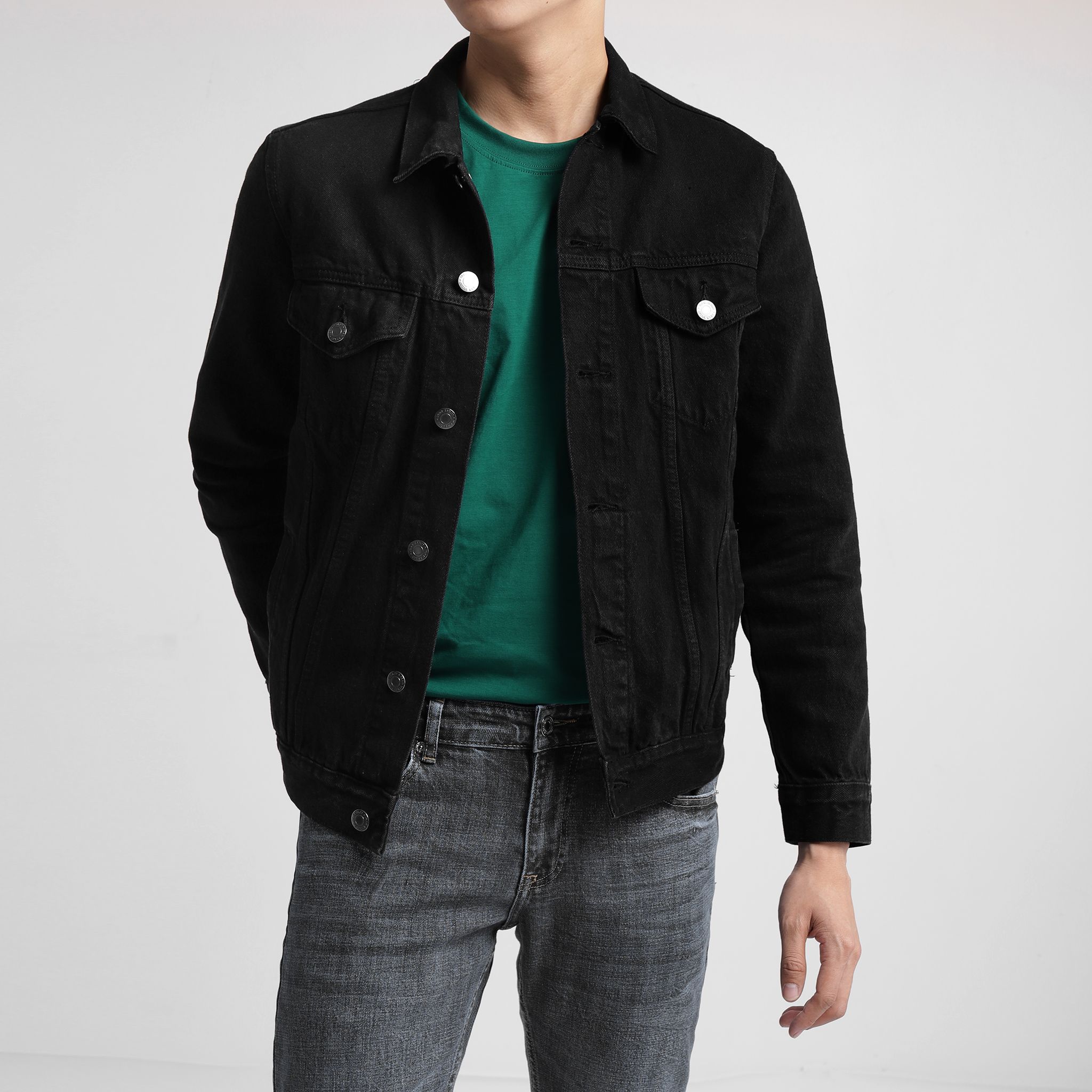 all black and denim jacket