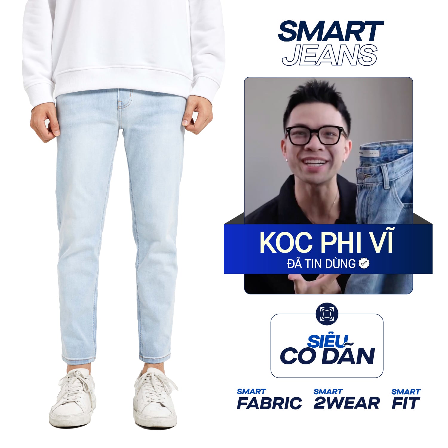 Quần Smart Jeans Nam Siêu Co Dãn Xanh Nhạt Trơn Form Smart Fit