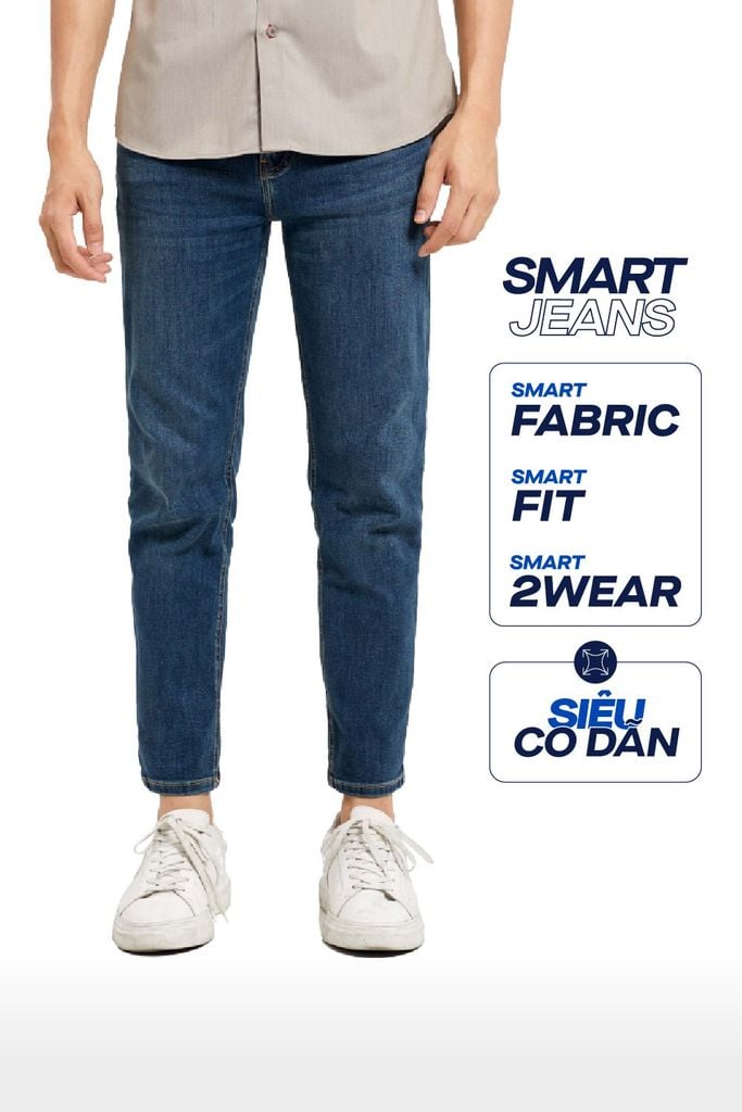 Quần Smart Jean Nam Siêu Co Dãn Xanh Đậm Trơn Form Smart Fit