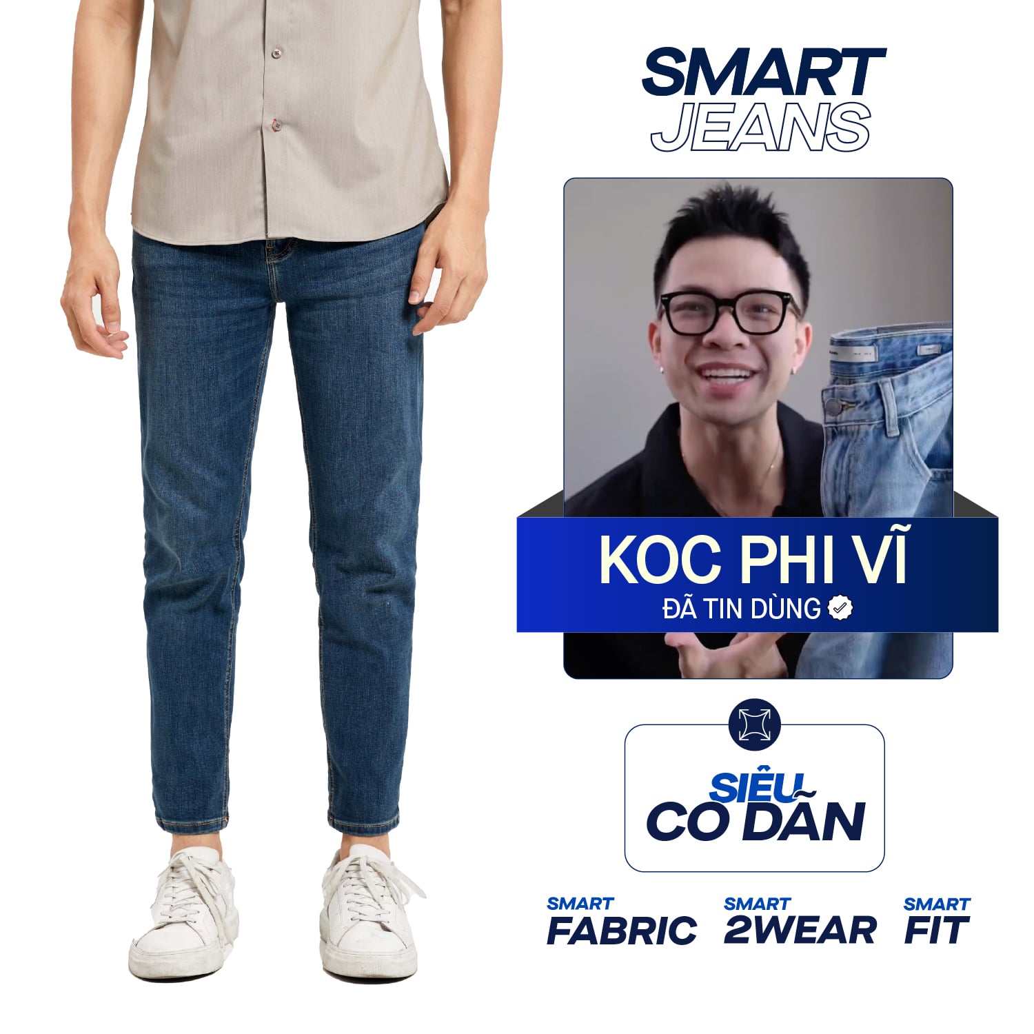 Quần Smart Jeans Nam Siêu Co Dãn Xanh Đậm Trơn Form Smart Fit