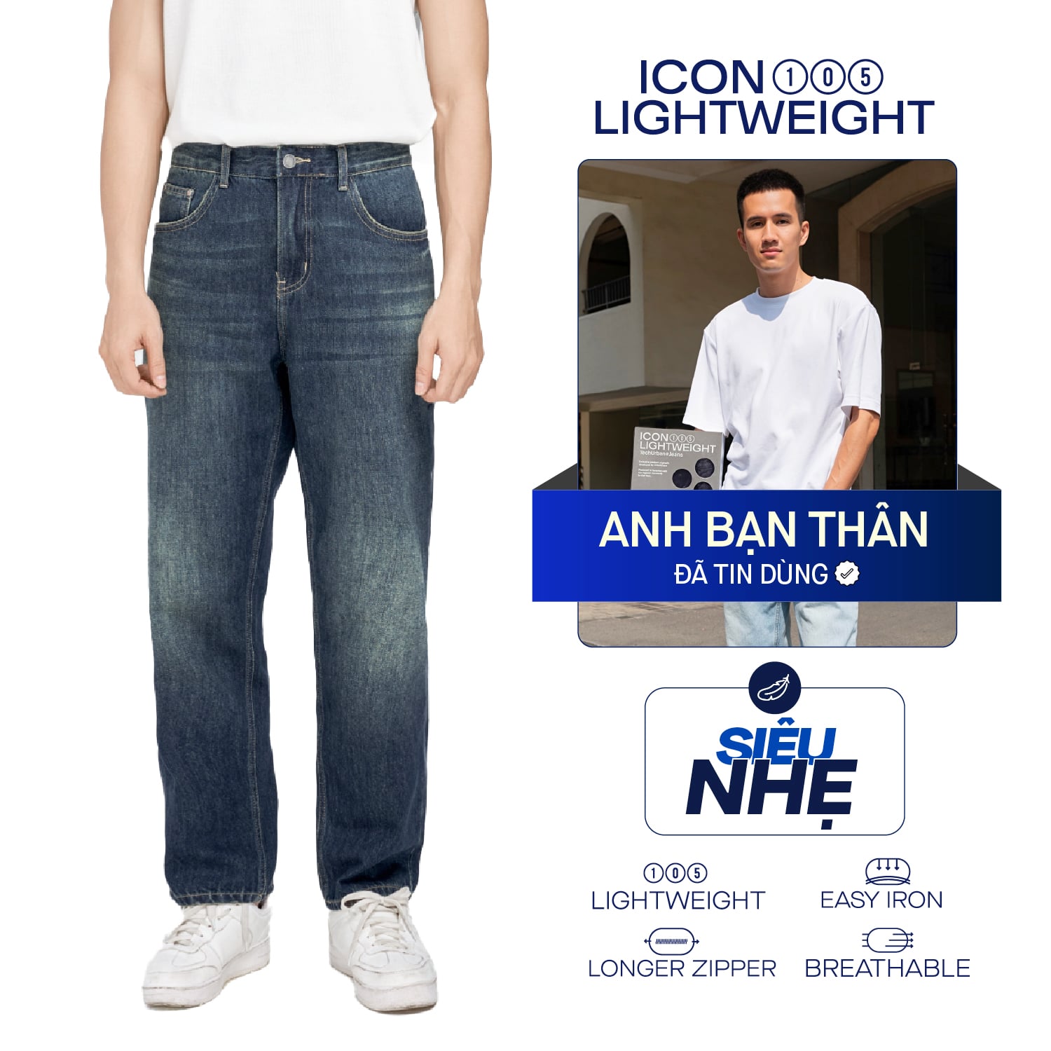 Quần Jeans Nam Siêu Nhẹ Ống Suông Heavy Wash Retro ICON105 Form Straight
