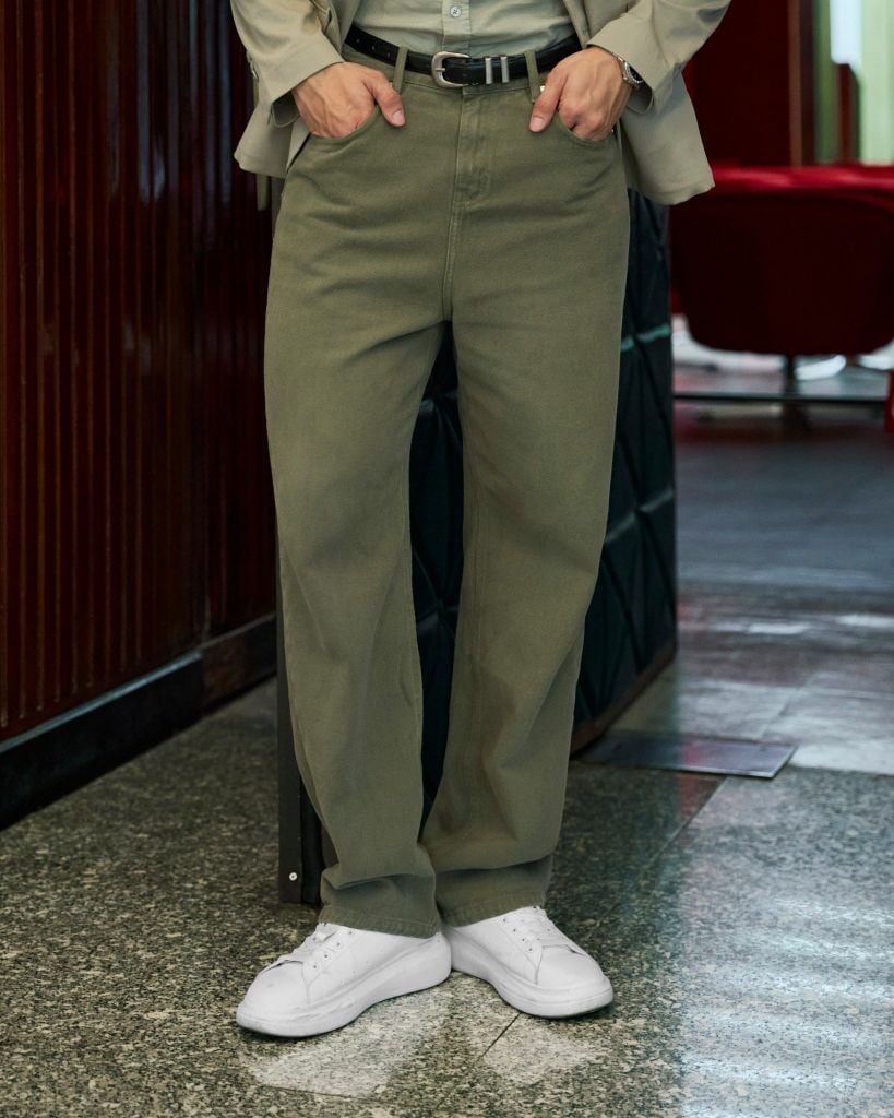 Quần Kaki Nam Ống Suông Street-Style Logo Garment-Dyed Form Baggy