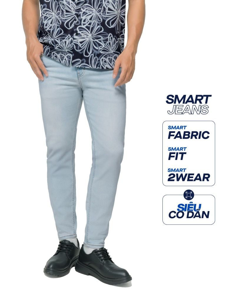 Quần Smart Jean Nam Siêu Co Dãn Xanh Nhạt Trơn Form Smart Fit