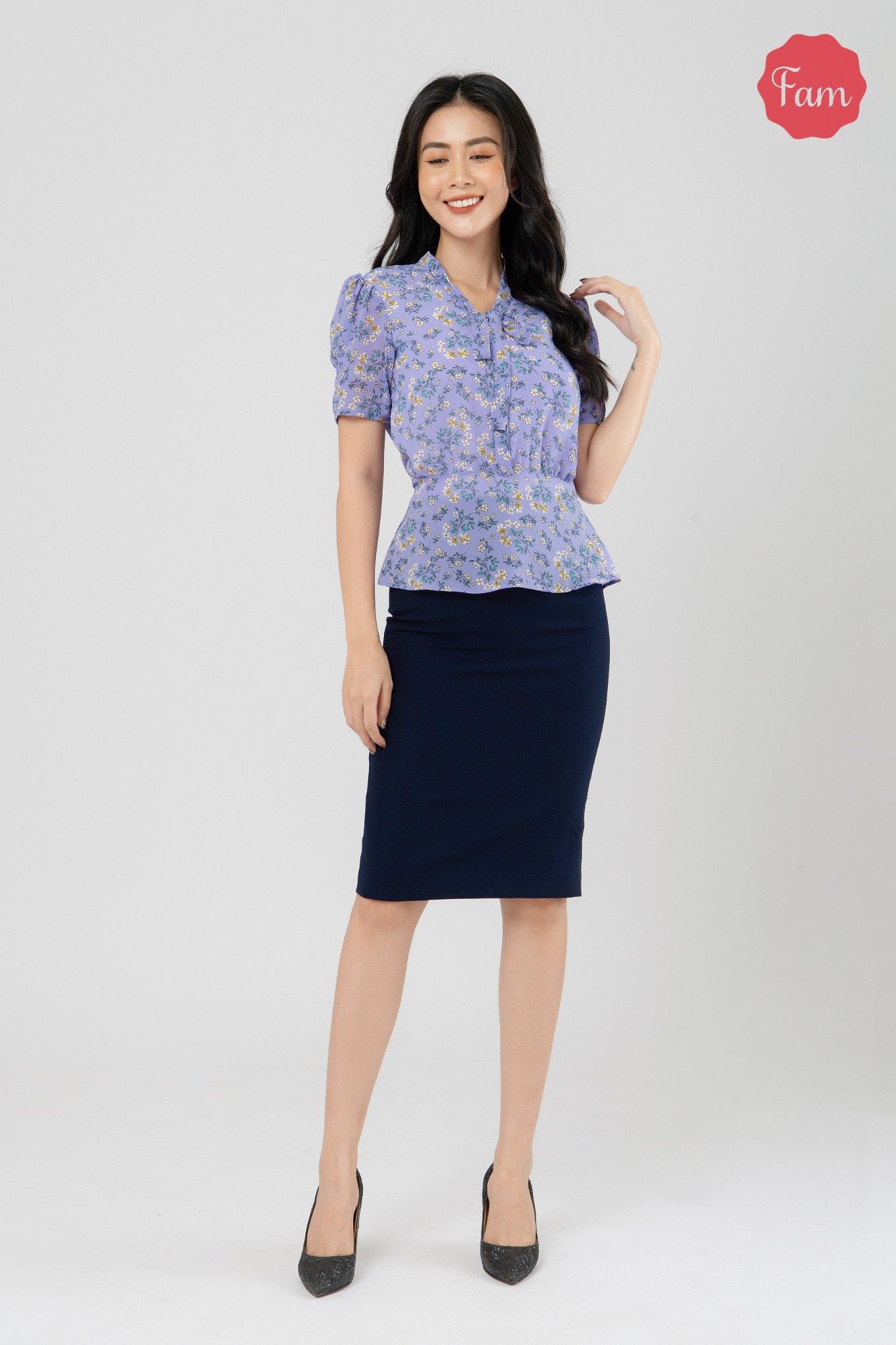 Áo kiểu peplum hoa lá cột eo xếp ly siêu xinh  A55145