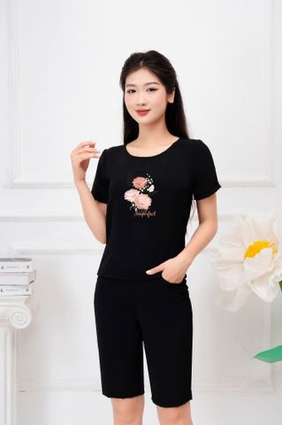  Bộ áo cộc quần lửng chất đũi lụa tay ngắn hoa hồng xinh 