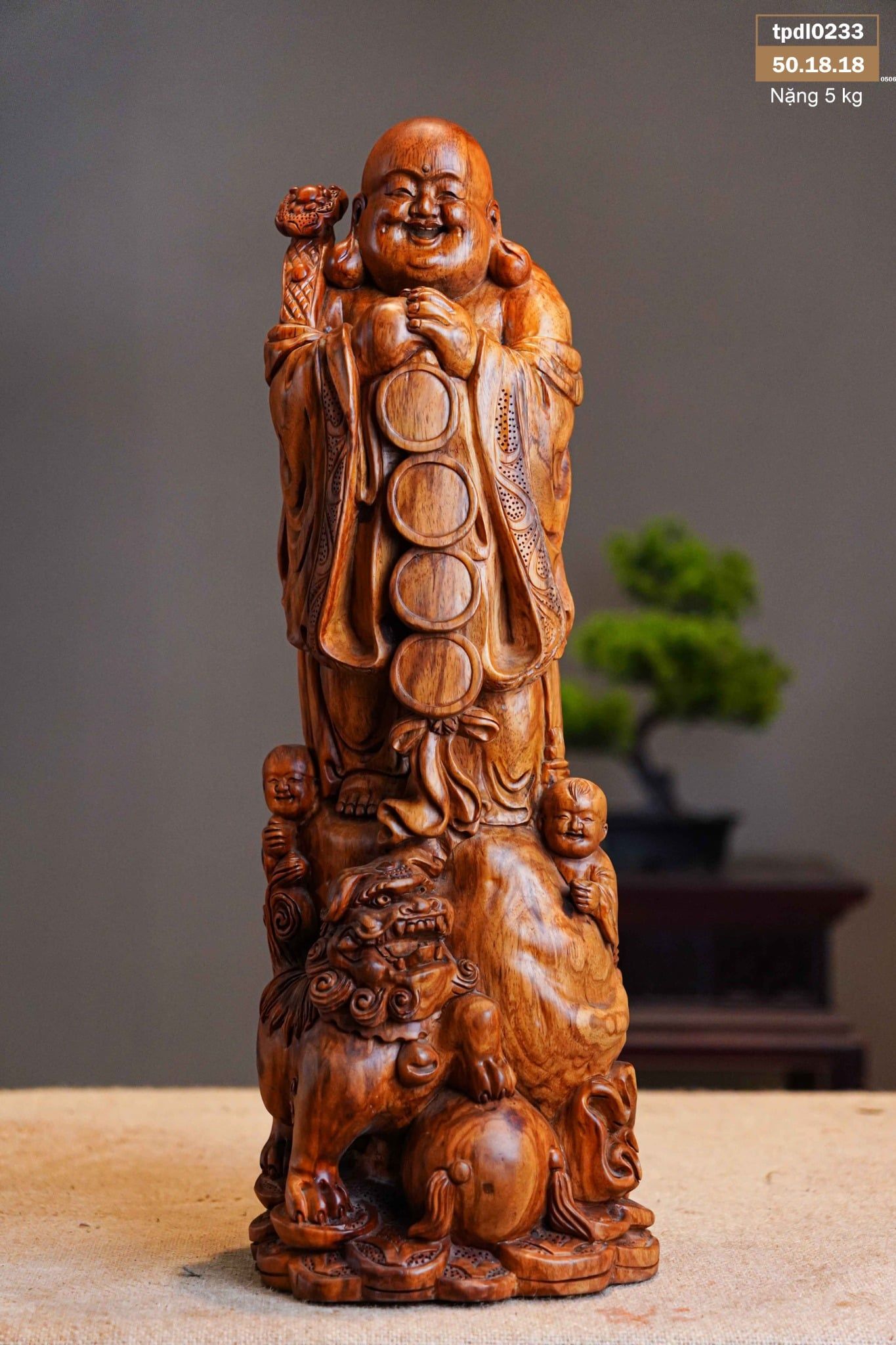 Di Lạc Nhị Tiểu Chúc Phúc Đứng Bao Tiền Gỗ Sưa