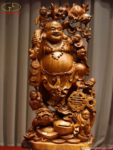 Tượng Phật Di Lặc Ngũ Tiểu Vác Đào Đứng Nghê Gỗ Hương