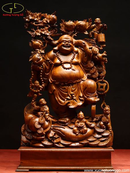 Tượng Phật Di Lặc Ngũ Tiểu Vác Cành Đào Đứng Bao Tiền Gỗ Hương