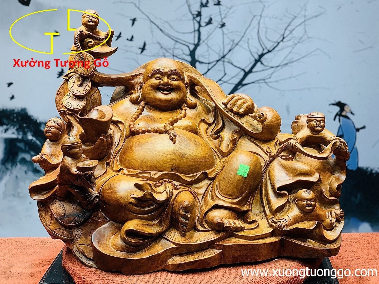 Di Lặc ngũ tiểu vác gậy như ý gỗ hương.