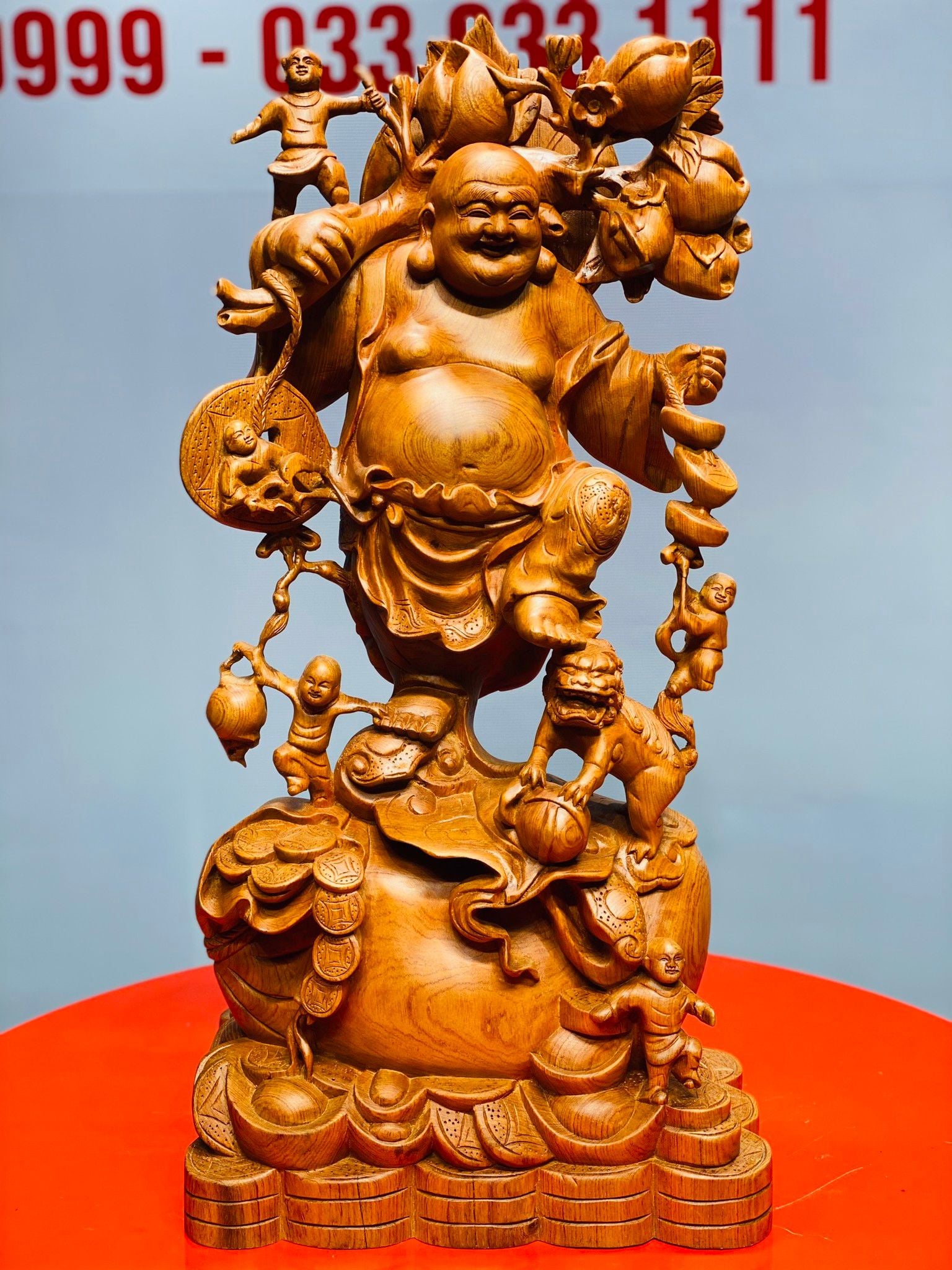 Di Lặc ngũ tiểu vác đào đứng nghê gỗ hương