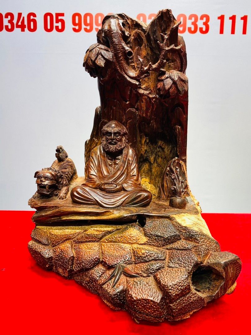 Đạt Ma Ngồi Thiền Bên Nghê Dưới Cây Bồ Đề Gỗ Trắc