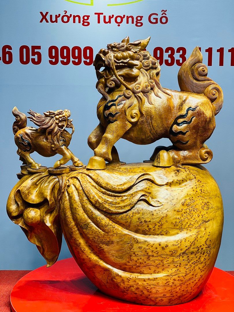 Hoả Kỳ Lân Mẫu Tử Đứng Boa Tiền Gỗ Nu Ngọc Am