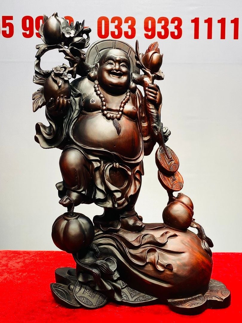 Di Lạc Vác Cành Đào Đứng Bao Tiền Gỗ Trắc