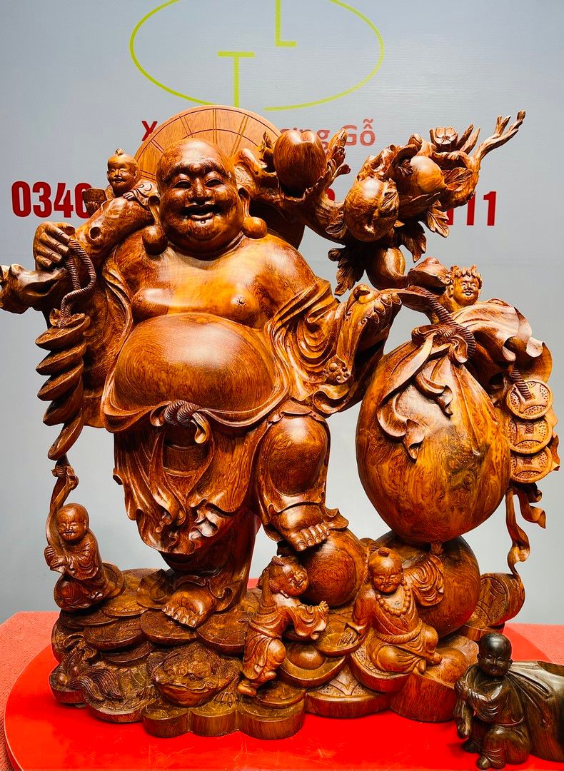 Di Lạc Ngũ Tiểu Vác Cành Đào Kéo Bao Tiền Gỗ Nu Hương