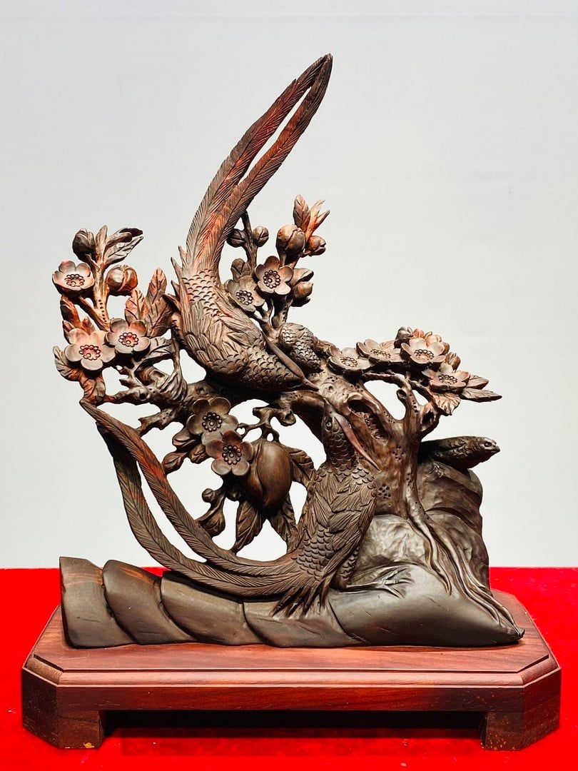 Phu Thê Viên Mãn Đôi Chim Trĩ Hoa Mai Gỗ Trắc