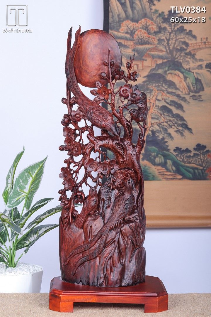 Phu Thê Viên Mãn Chim Trĩ Hoa Mai Gỗ Trắc