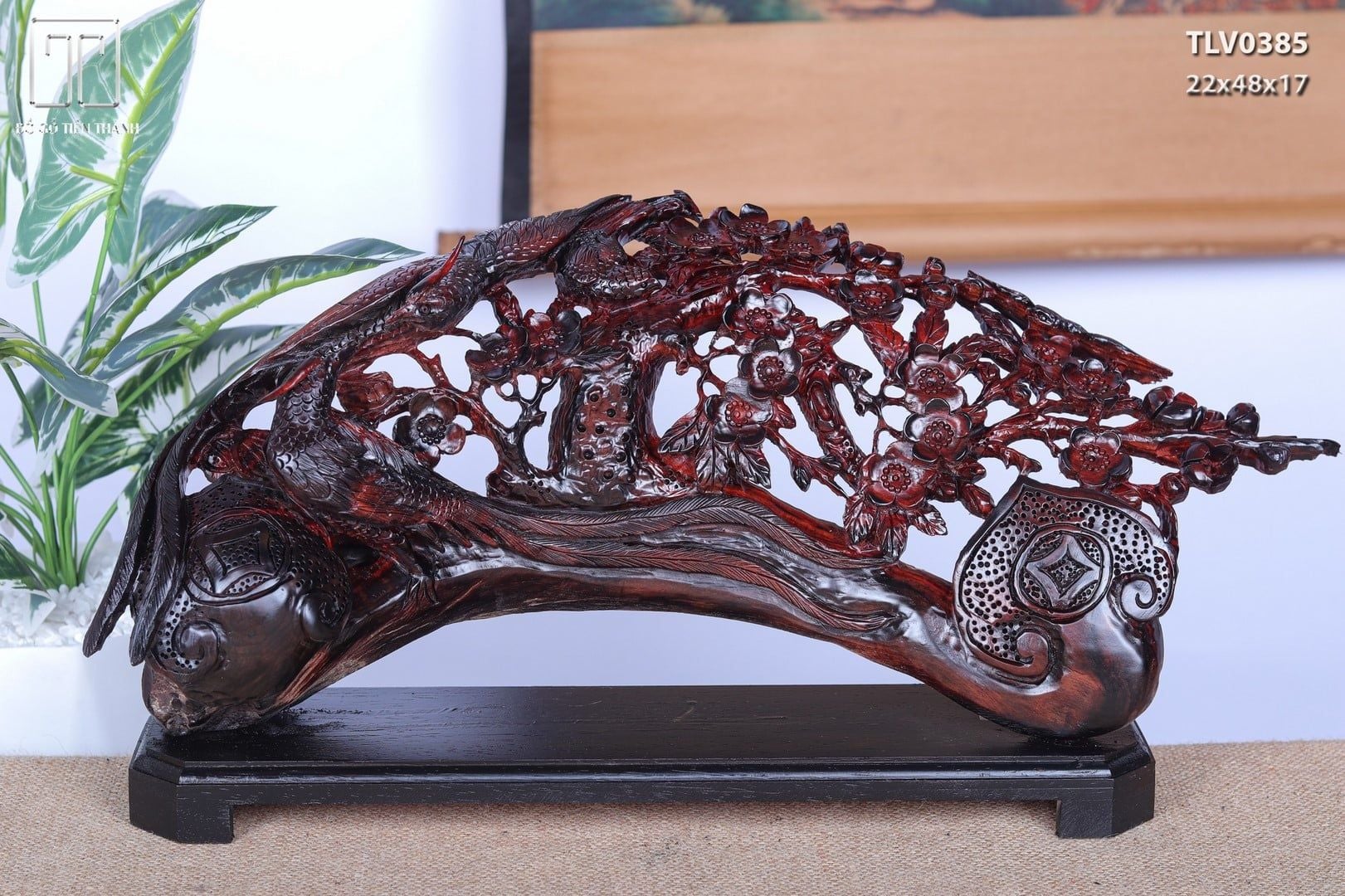 Cầu Gậy Như Ý Chim Trĩ Hoa Mai Gỗ Trắc