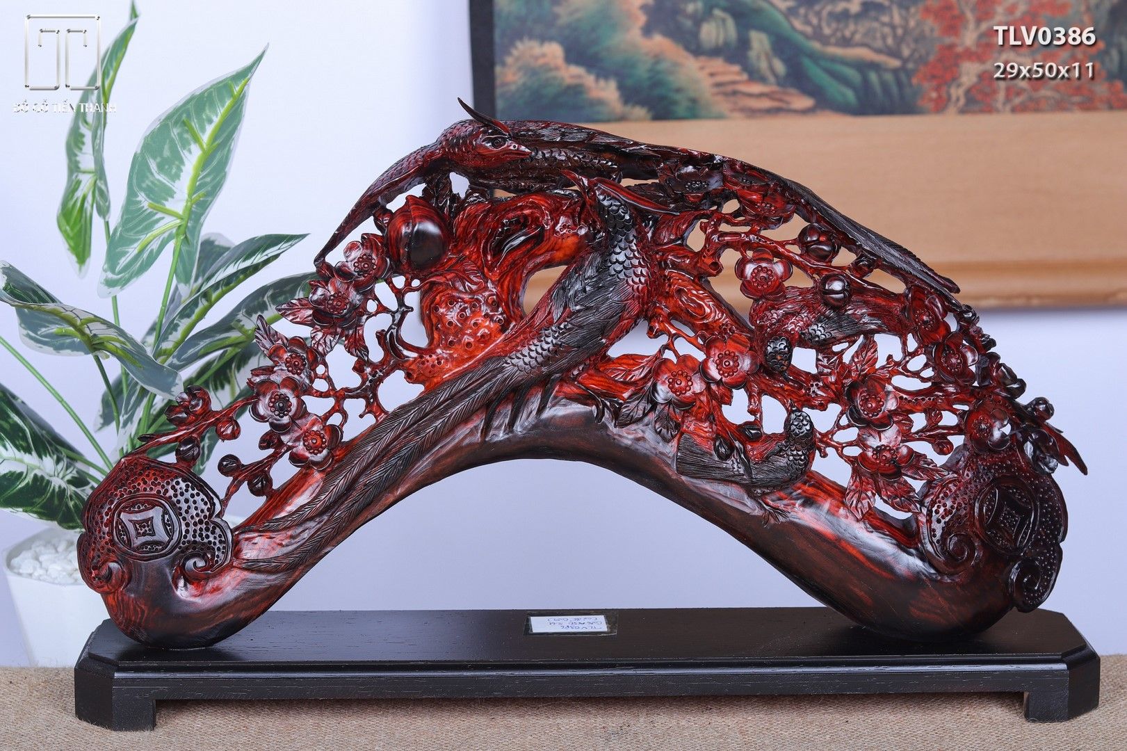 Cầu Gậy Như Ý Chim Trĩ Hoa Mai Gỗ Trắc